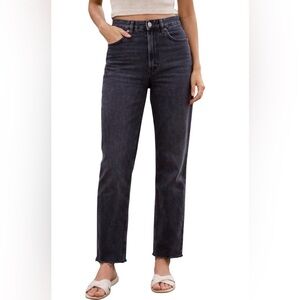 Zara High Rise Straight Leg Raw Hem Jeans in Black Wash